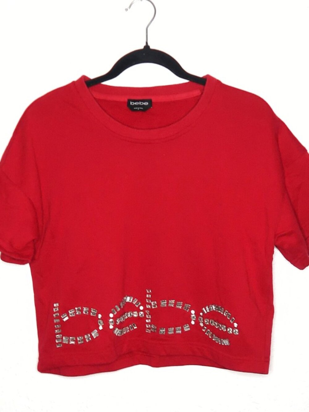 BEBE Red Rhinestone Logo Boxy Crop Tee